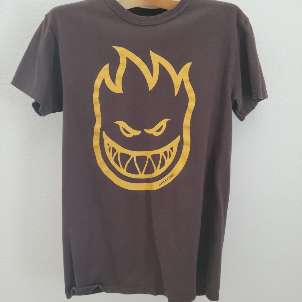 Spitfire Skateboard Wheel Shirt Men's Small Brown Short Sleeve Crew Neck Y2K